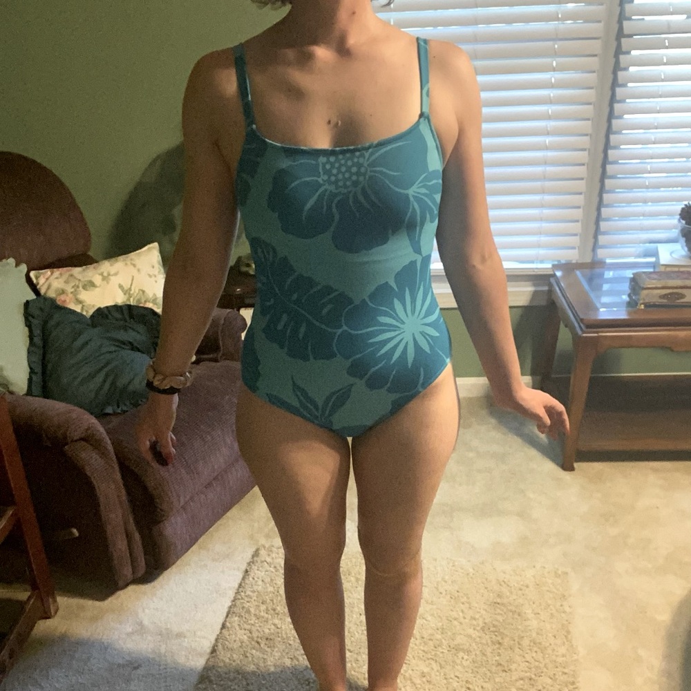 Blue, floral square neck, low back one piece